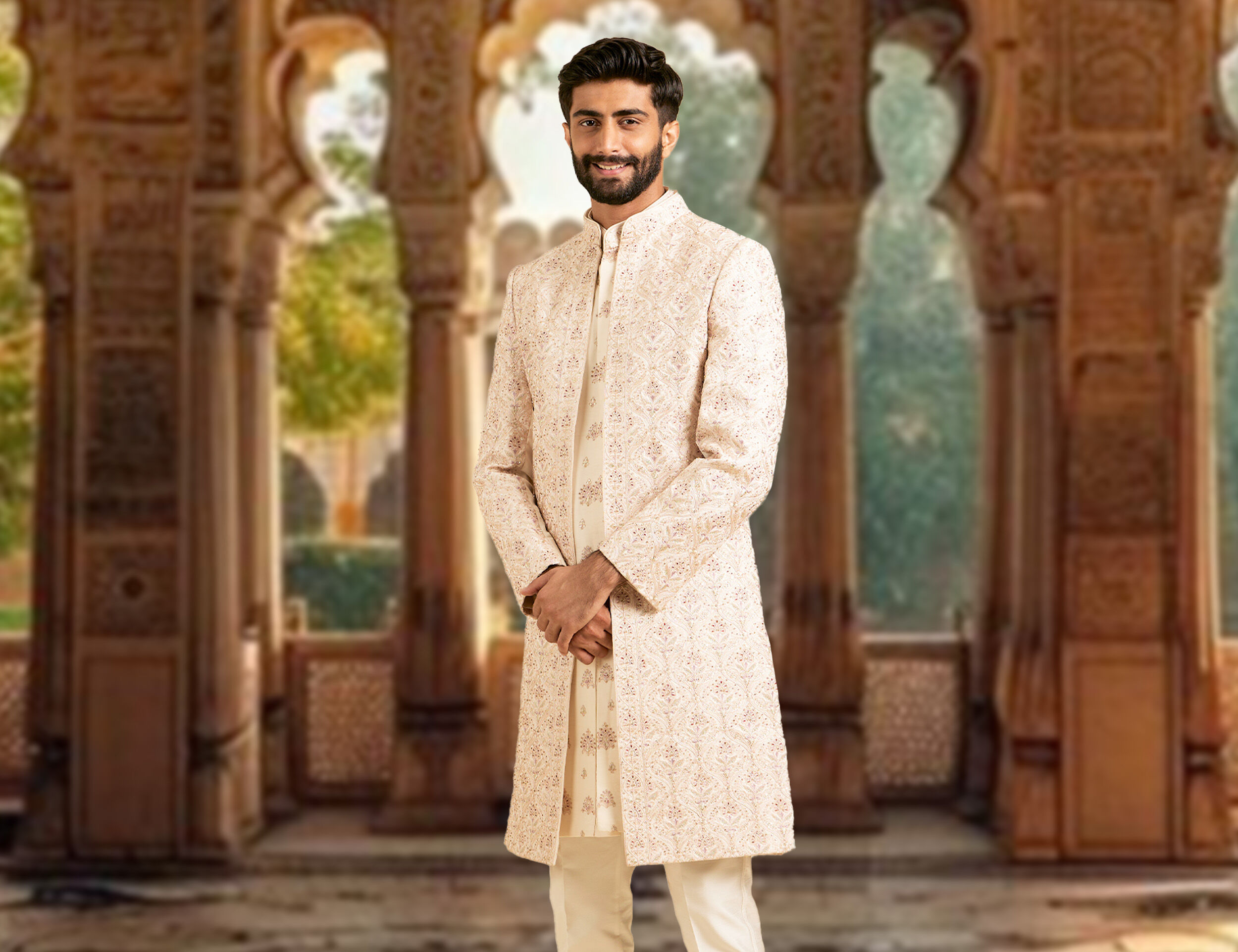 A groom in cream sherwani 